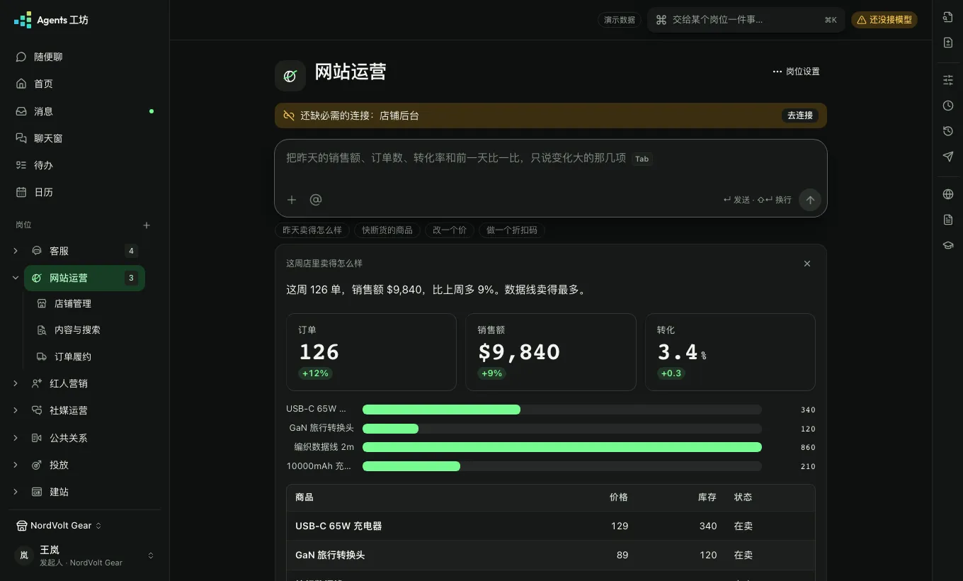 岗位页：交给它一件事，下面是这个岗位的卡和进度