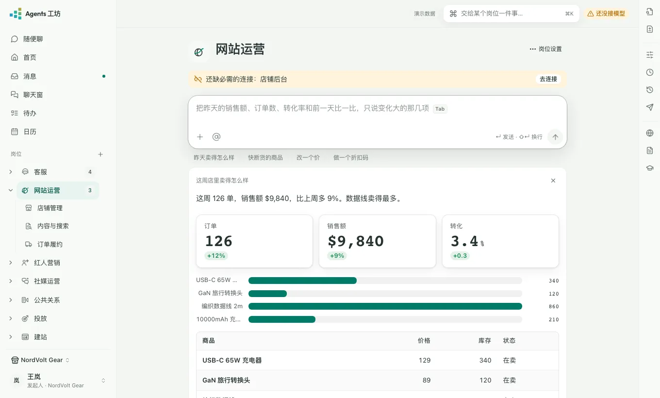 岗位页：交给它一件事，下面是这个岗位的卡和进度